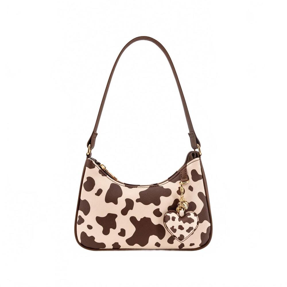 NEW LIKE DREAMS sutton cow print shoulder bag in brown and beige